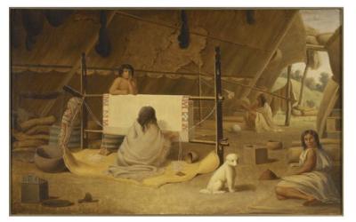 Painting of the Coast Salish people using dog fur to weave. (Paul Cane, courtesy of the Royal Ontario Museum via X.) 
