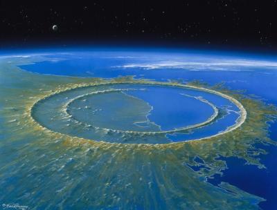 An image of how the Chicxulub crater, created by a huge asteroid striking near the coast of Mexico, may have looked. (Photo: Detlev van Ravenswaay/Science Source via Facebook.)